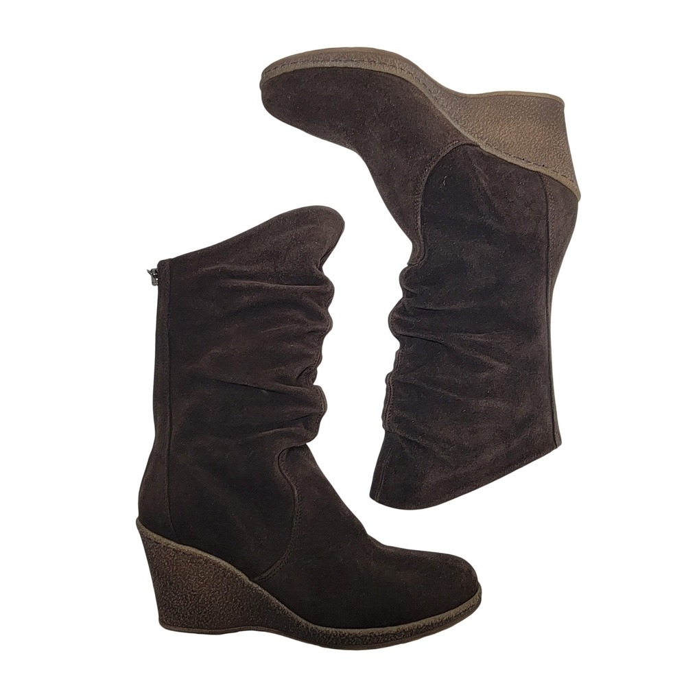 Aquatalia Marvin K NEW Brown Suede Slouchy Wedge Boots Rear Zip Italy Womens 6